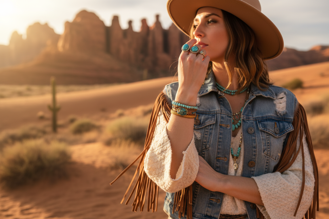 Turquoise bead and leather chain bracelet stack on wrist near face