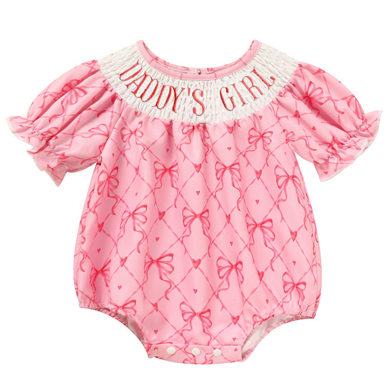 Baby Girl's Bowknot Graphic Print Romper, Daddy's Girl Letter Print Triangle Jumpsuit With Bubble Sleeves