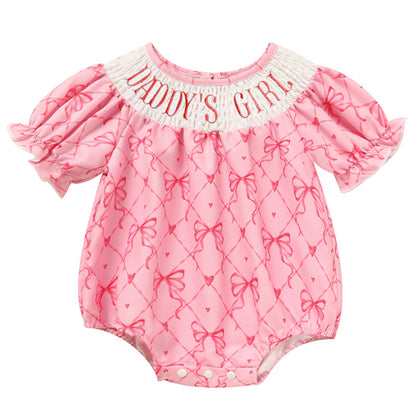 Baby Girl's Bowknot Graphic Print Romper, Daddy's Girl Letter Print Triangle Jumpsuit With Bubble Sleeves