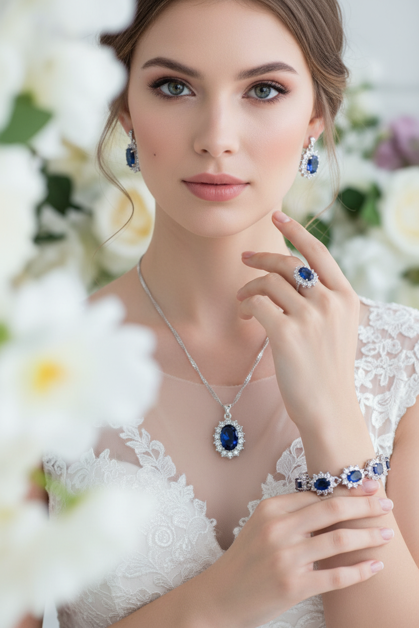 Women’s bridal jewelry set with blue oval zirconia necklace, earrings, ring, bracelet