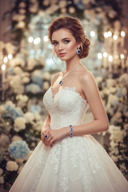 Women’s bridal jewelry set with blue oval zirconia pendant, earrings, bracelet