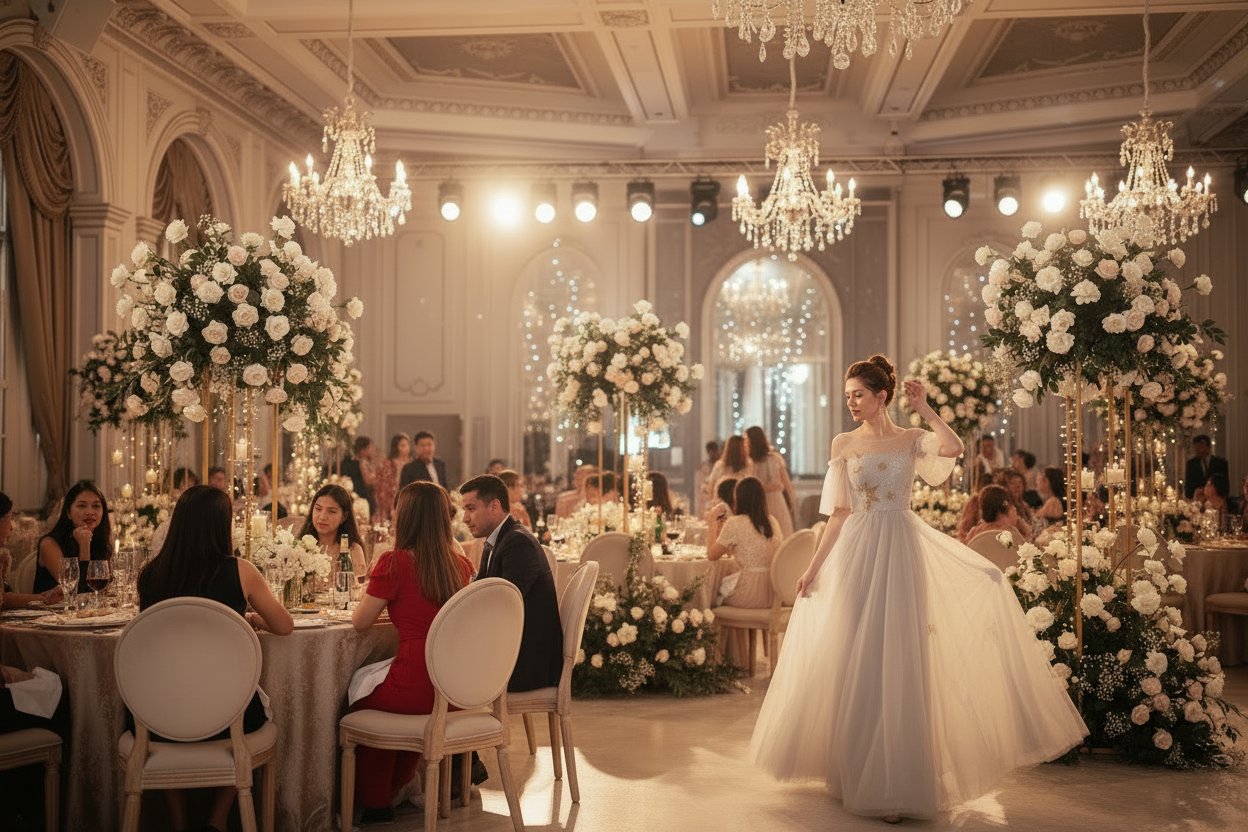 Champagne-gray off-shoulder slim gown with embroidered bodice and flowing tulle skirt