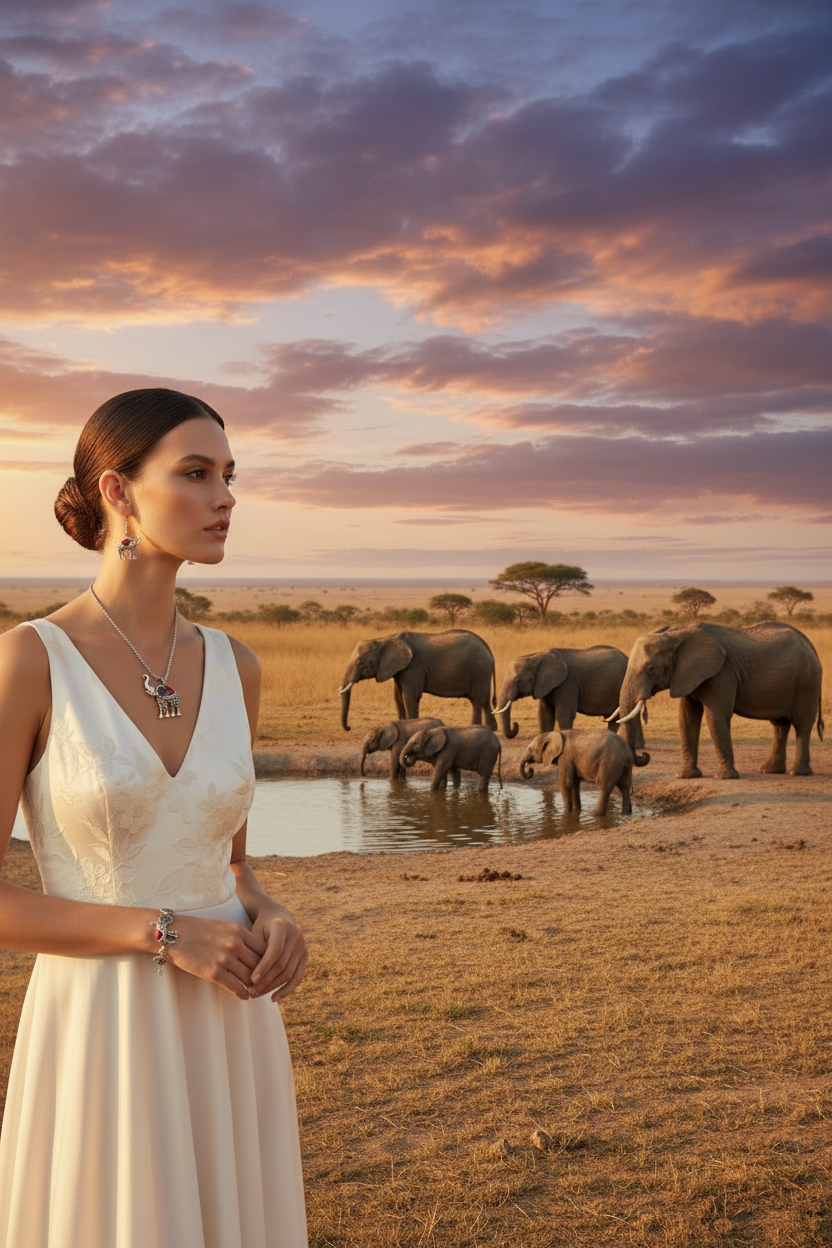 Elephant jewelry set: silver-tone elephant pendant necklace with turquoise details and bracelet.