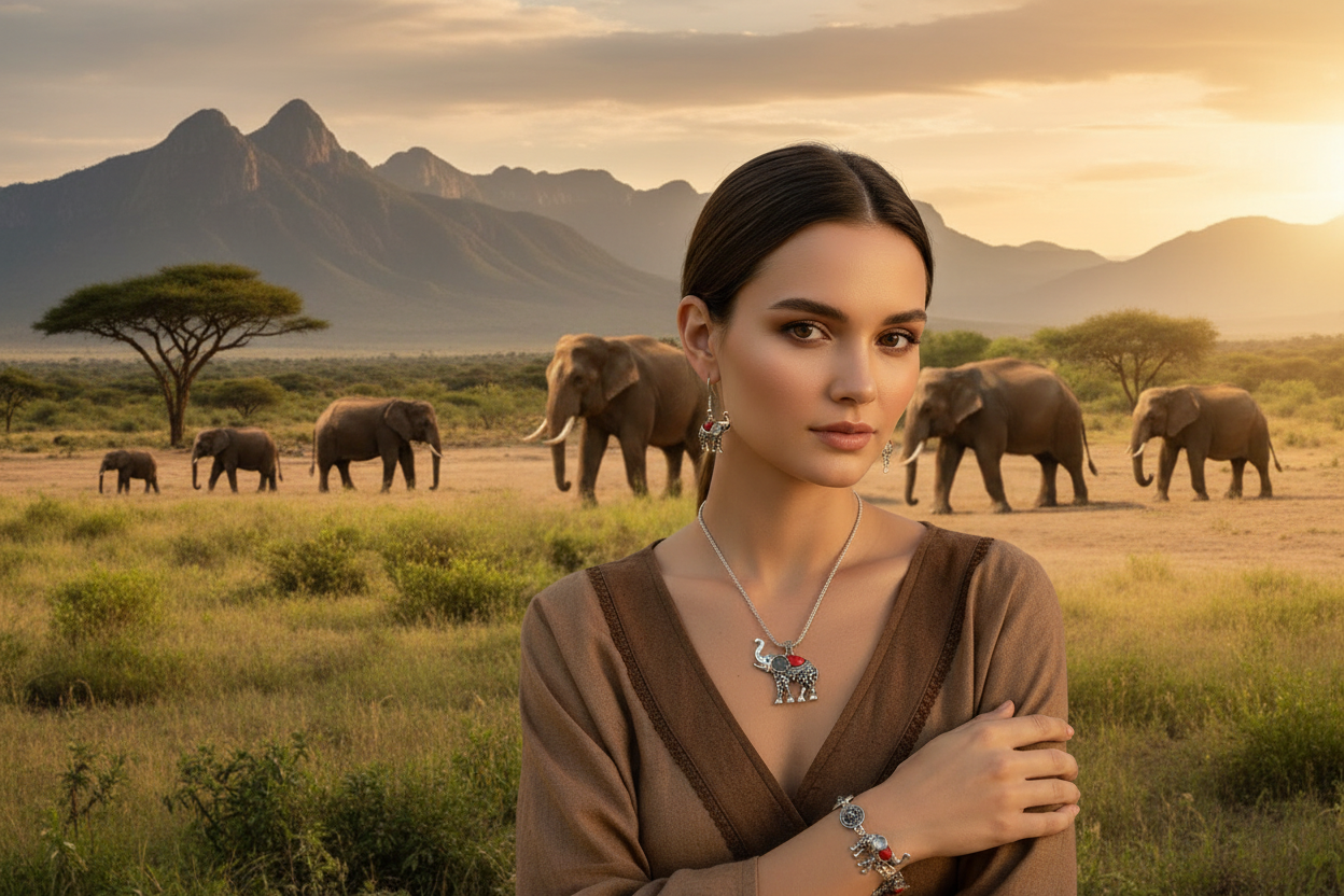 Elephant jewelry set on model: silver-tone necklace, dangling earrings, bracelet with turquoise stones.