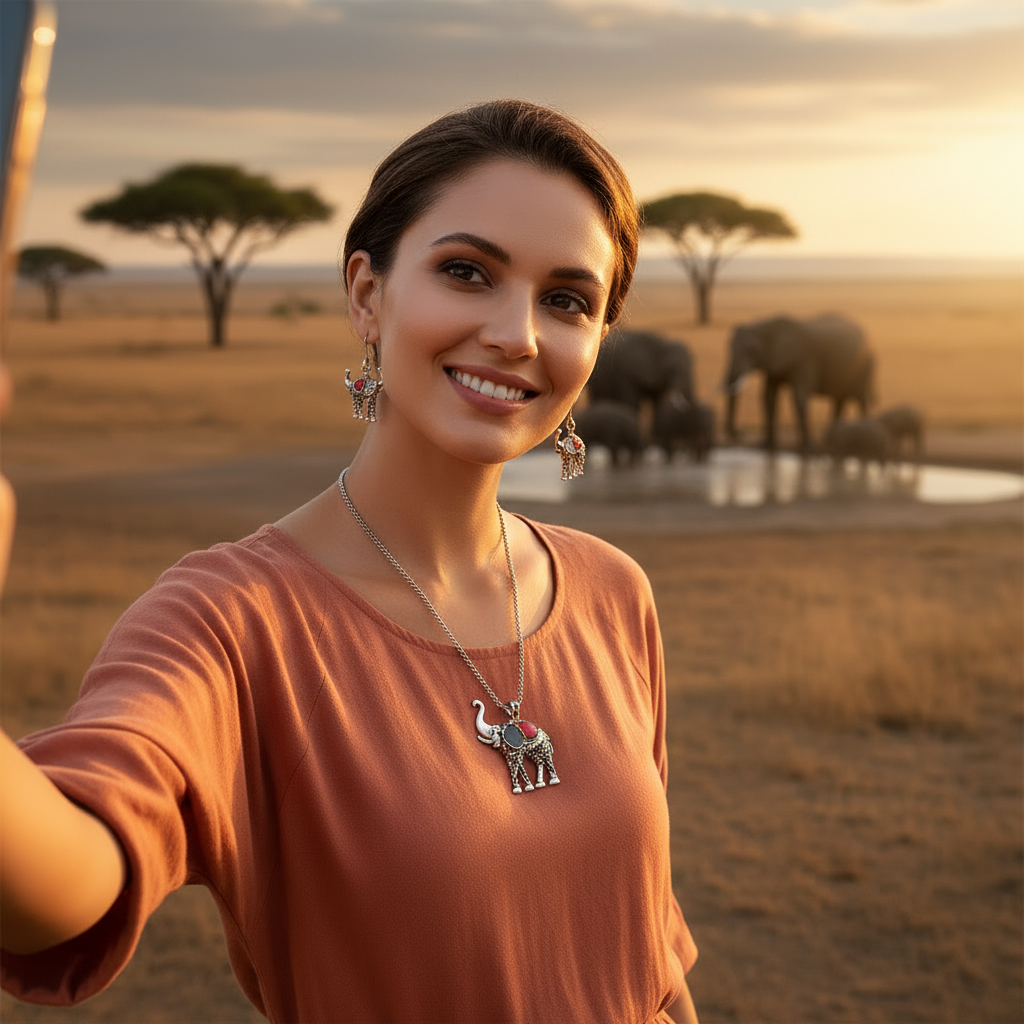 Elephant jewelry set on model: silver-tone elephant pendant necklace with turquoise accents and earrings.
