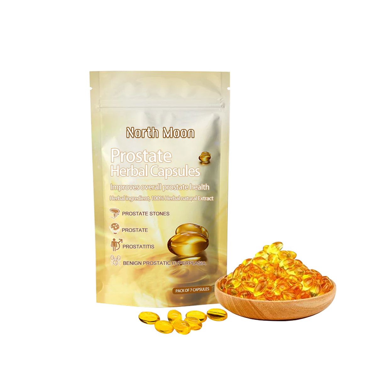 Herbal prostate supplement capsule pouch with golden capsules in a wooden bowl