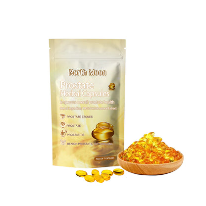 Herbal prostate supplement capsule pouch with golden capsules in a wooden bowl