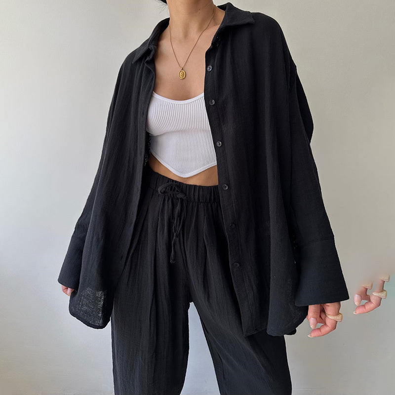 Women's Solid Color Lapel Collar Long Sleeve Shirt & High-Waist Pants Set - Casual Loose Fit