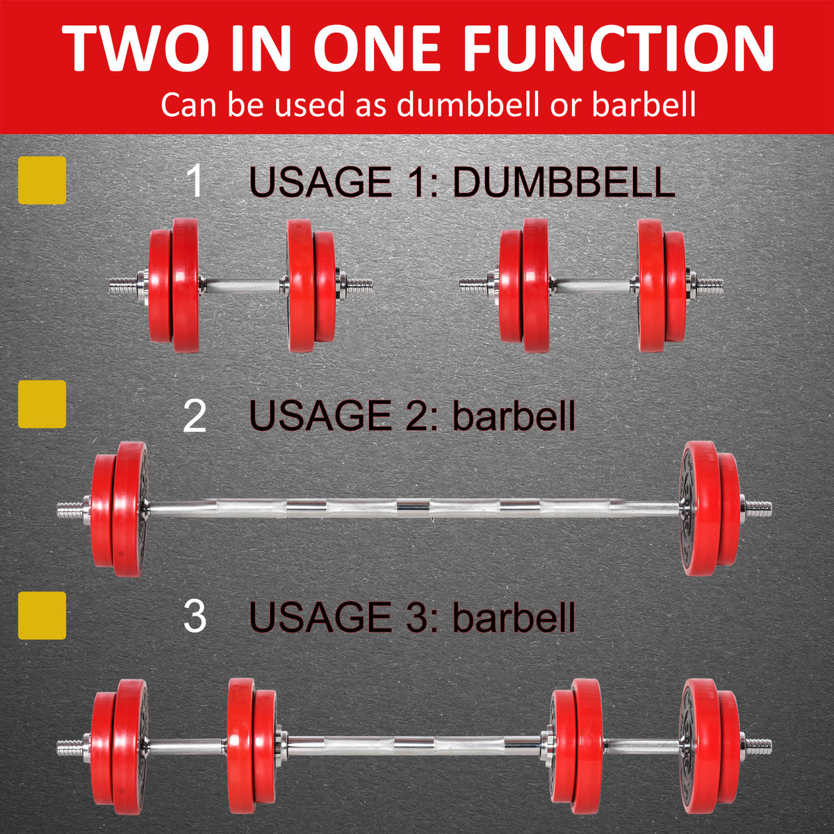 Red convertible weight set shown as dumbbell and barbell with connected plates