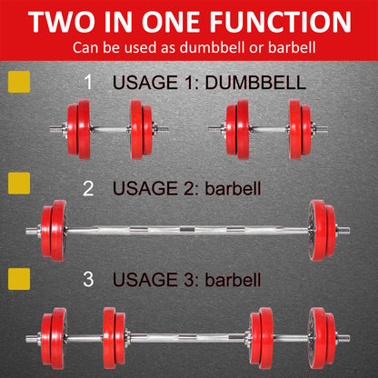 Red convertible weight set shown as dumbbell and barbell with connected plates