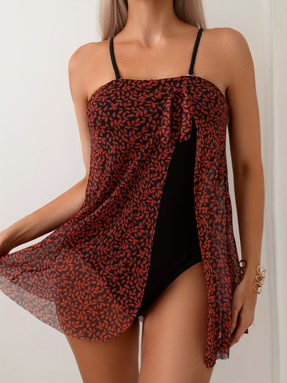 Women's Fashionable One-piece Swimsuit, Sexy Strapless Chiffon Dress With Leaf Print, Vacation Style.