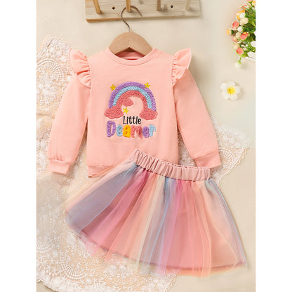 Baby Girls Skirt Set Letters Embroidery Long Sleeve Sweatshirt Tops & Rainbow Tutu Skirt Outfits