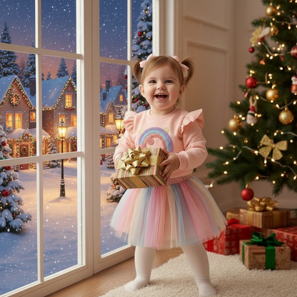 Baby Girls Skirt Set Letters Embroidery Long Sleeve Sweatshirt Tops & Rainbow Tutu Skirt Outfits