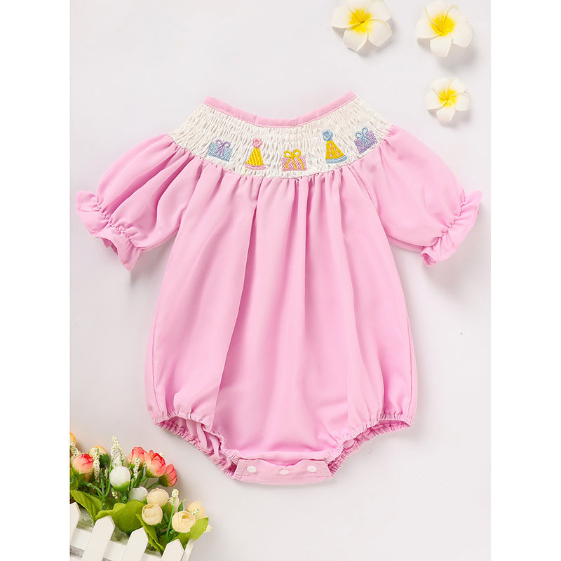 Infant Girls' Cute Birthday Smocked Bubble Romper Short Sleeves Crew Neck Cartoon Embroidery Princess Party Bodysuit