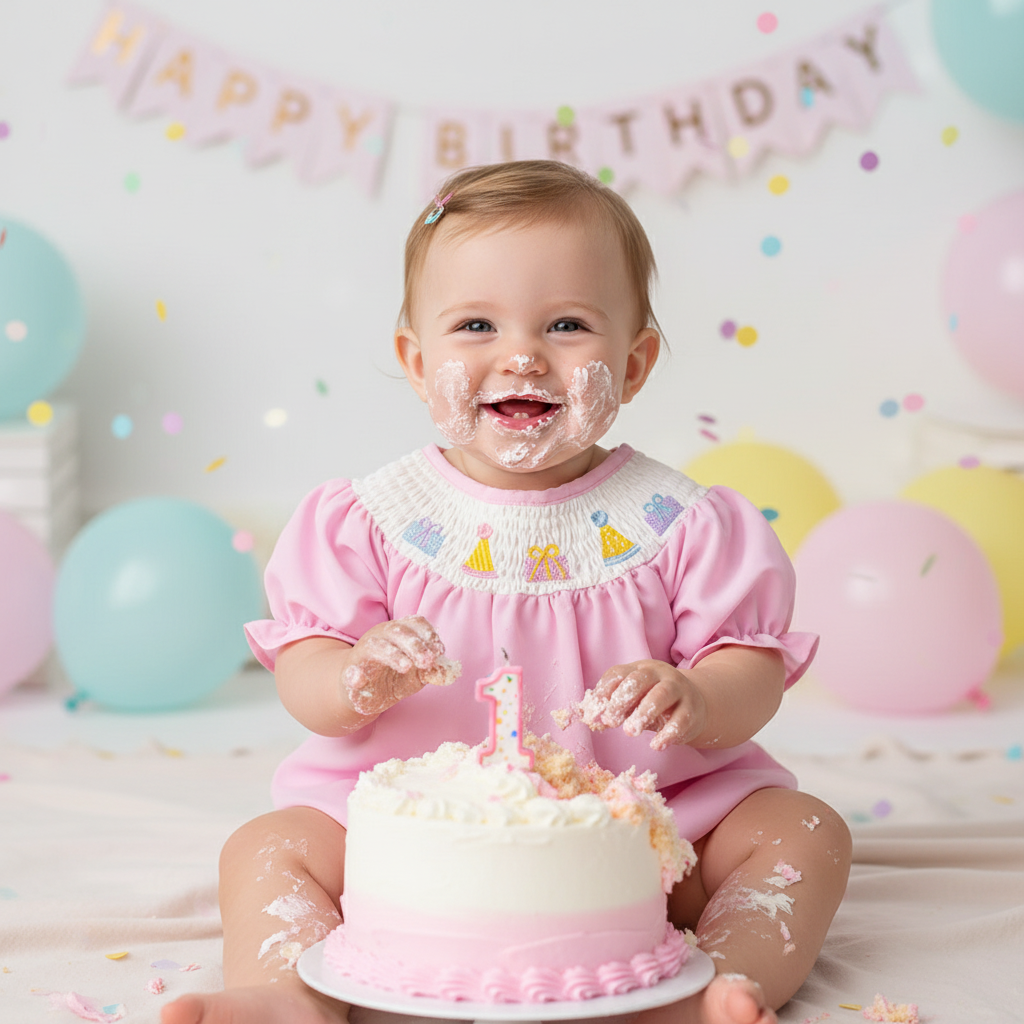 Infant Girls' Cute Birthday Smocked Bubble Romper Short Sleeves Crew Neck Cartoon Embroidery Princess Party Bodysuit