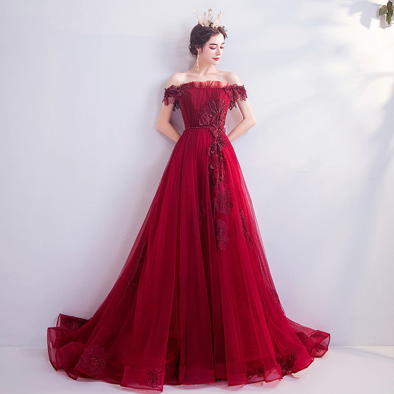 Fashionable Red One-shoulder Wedding Toast Dinner Annual Party Bridesmaid Dress Skirt