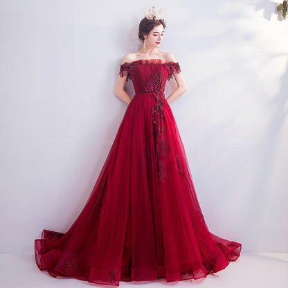 Fashionable Red One-shoulder Wedding Toast Dinner Annual Party Bridesmaid Dress Skirt