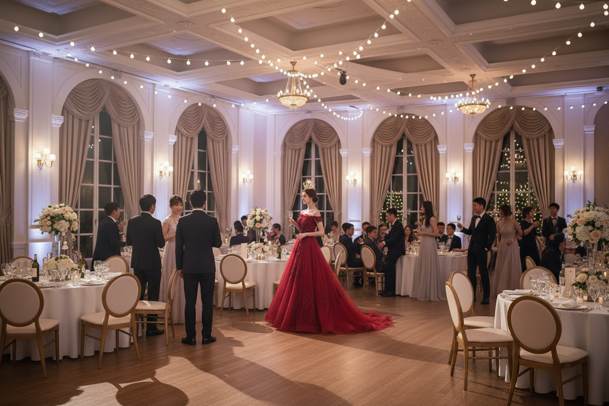 Red one-shoulder gown with voluminous skirt and elegant fitted bodice