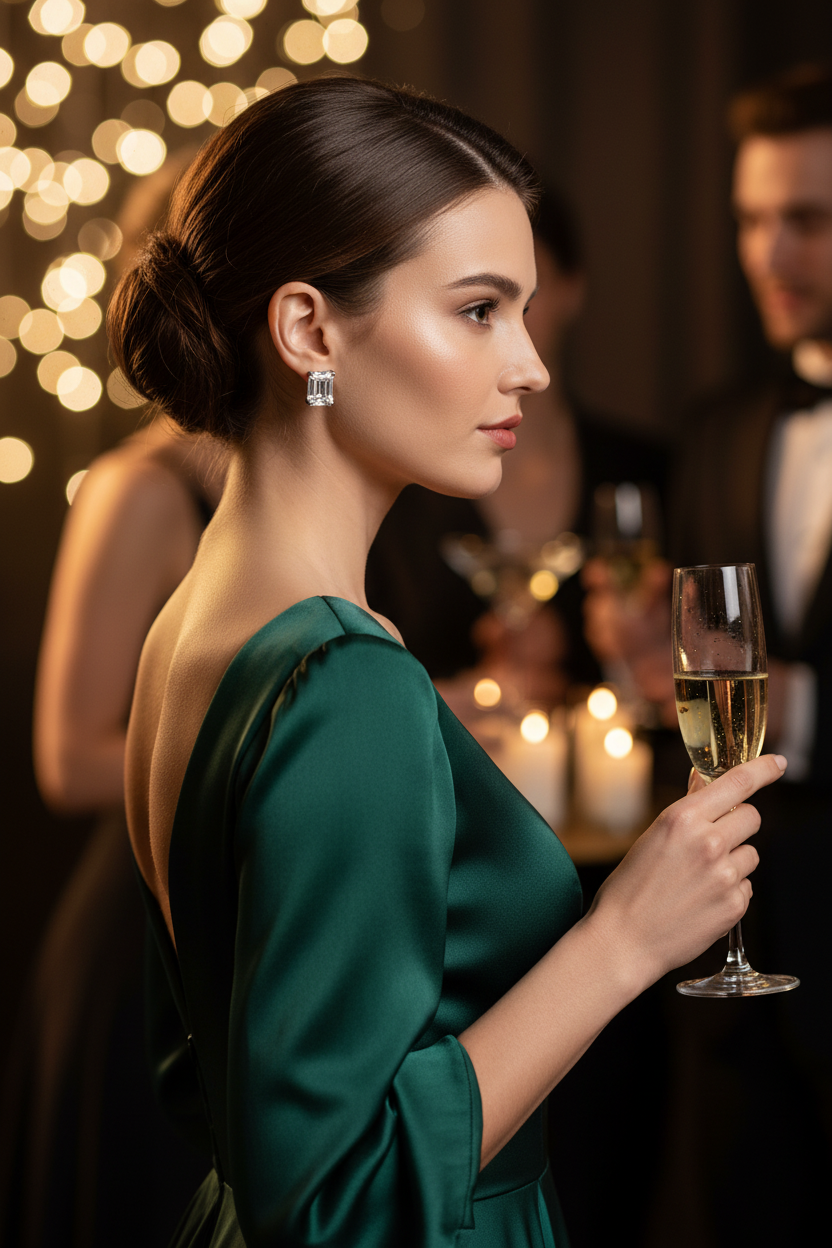 Rectangular diamond stud earrings on ear, side profile