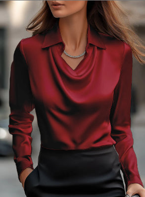 Women’s satin draped blouse in deep red, long sleeves, V neckline