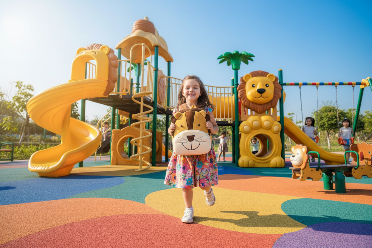 Small animal backpack in yellow with lion face, large ears, and a padded front pocket