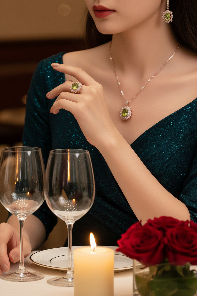 Gold peridot pendant necklace, drop earrings, and peridot ring