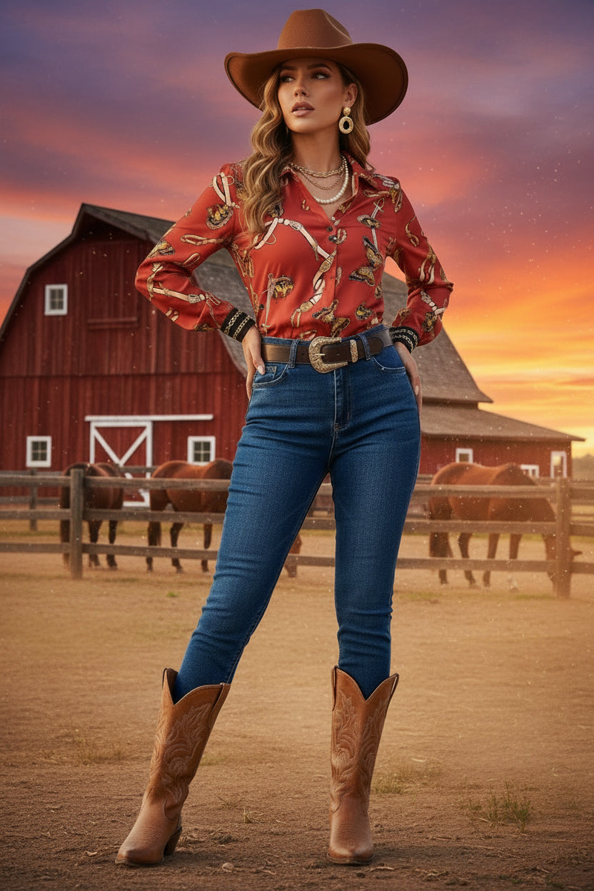 Red long-sleeve shirt with colorful butterfly print and button front