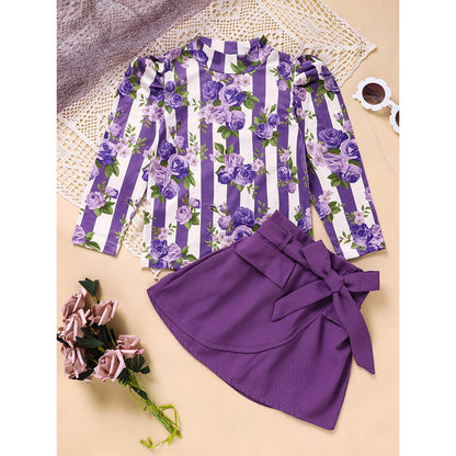 Toddler Girl Purple Rose Print Girls Outfit, Spring Fall Stripe Top With Belt Skirts Set Holiday Going Out Clothes