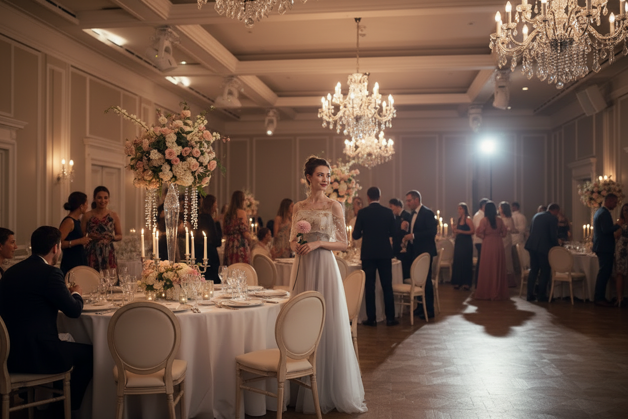 Champagne-gray off-shoulder slim-fit dress with embroidered bodice and long tulle skirt