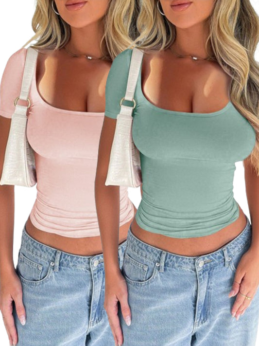 2 Piece Women's T-Shirt Solid Color Sexy Top Slim Fit Crew Neck Short Sleeves
