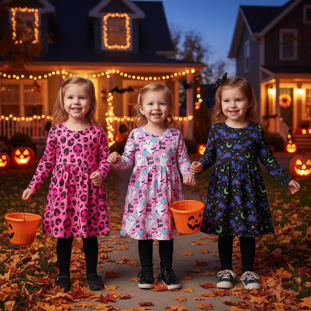 3pcs Toddler Girl's Halloween Skull Ghost Bats Print Stretch Long Sleeve A-line Dresses
