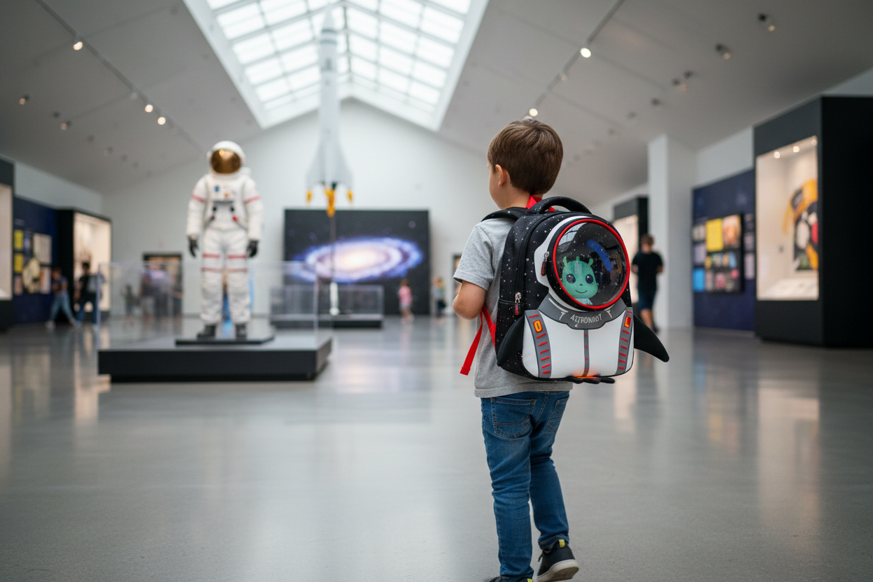 Kids astronaut backpack, blue and red rocket design with round bubble window