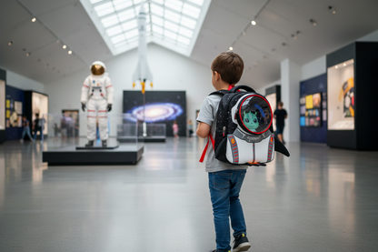 Kids astronaut backpack, blue and red rocket design with round bubble window