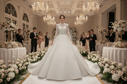 Sparkly white long-sleeve wedding dress with high neckline, fitted bodice, and full skirt.