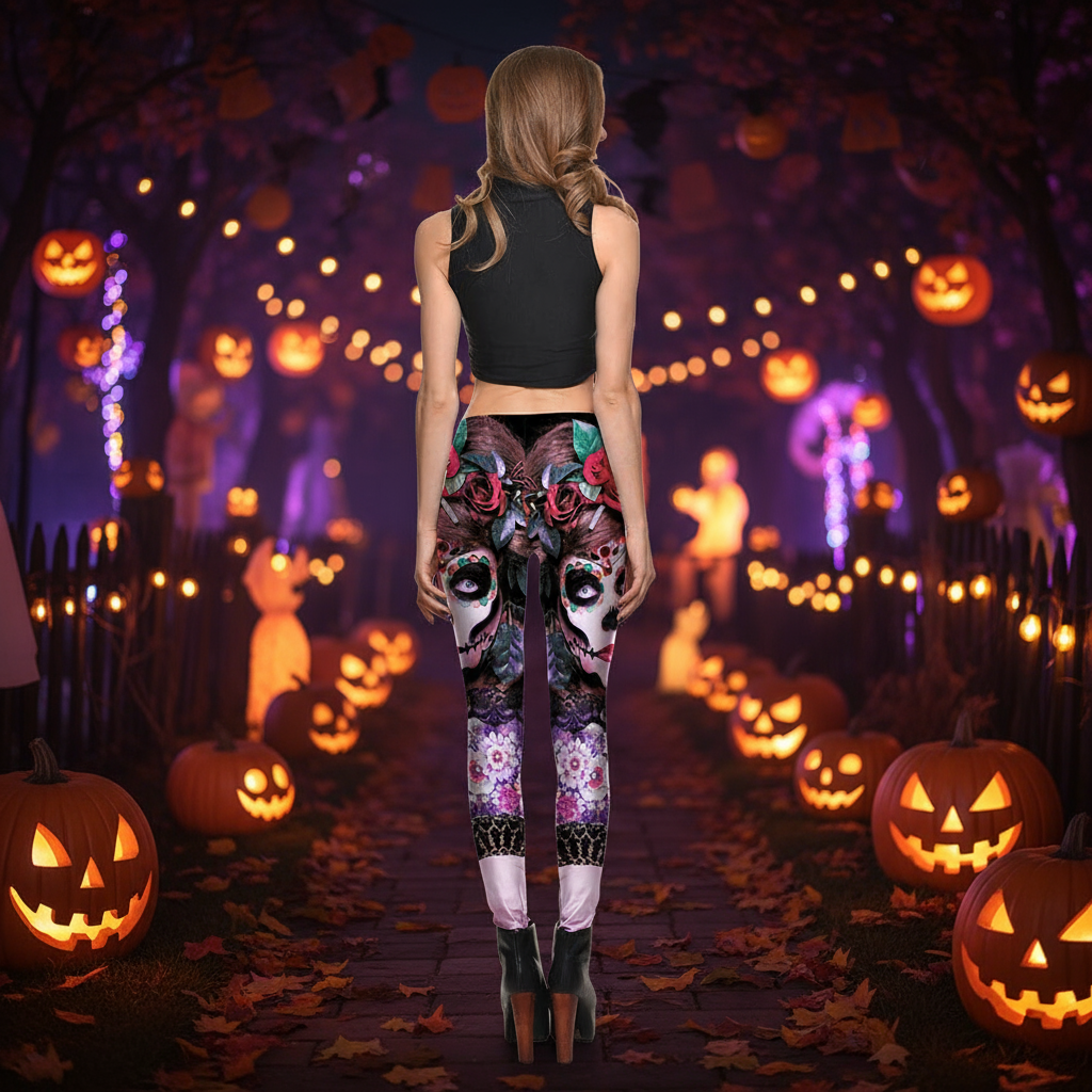 Halloween series ghost face women's printed cropped pants breathable sweat-absorbent sports leggings
