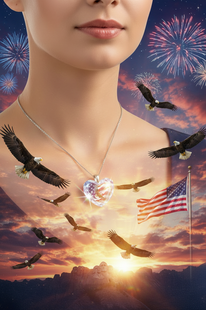 Silver chain bird pendant necklace with clear heart crystal and sparkling bird image