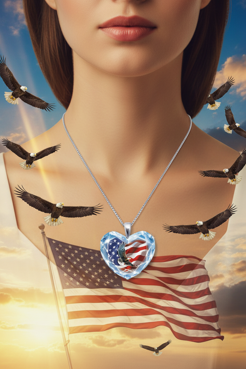 Crystal heart bird pendant necklace with eagles and American flag motif, silver-tone chain