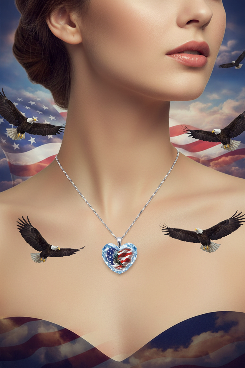 Silver chain bird pendant necklace with clear heart crystal and blue-red bird motif