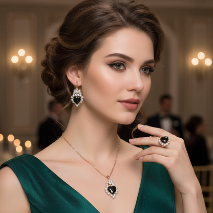 Bridal jewelry set with black gemstone drop necklace, matching earrings, and black ring