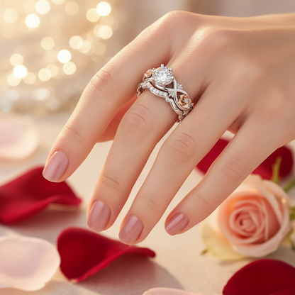 Rose flower ring close-up on finger, ornate setting with clear stones