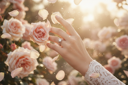Rose flower ring on finger with sparkling clear center stone and details