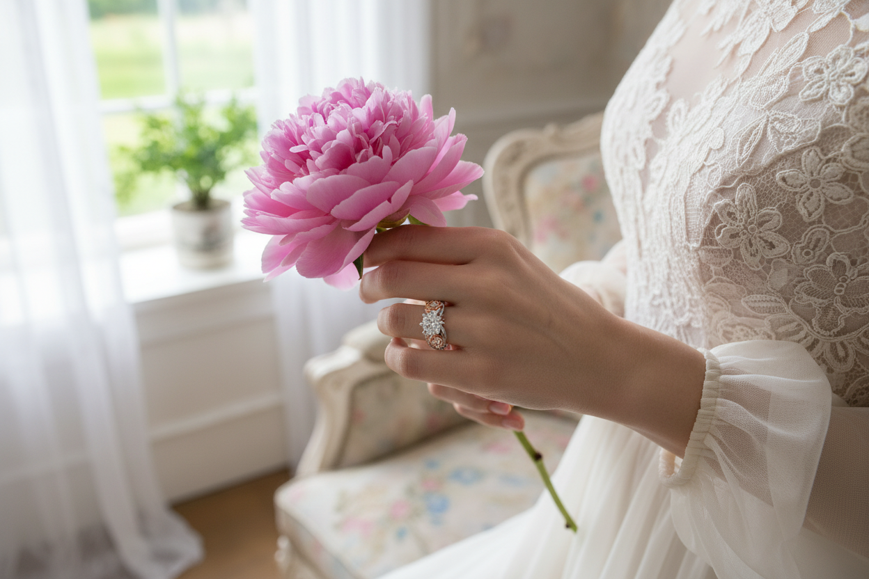 Rose flower ring on finger beside a large pink flower, clear stone setting