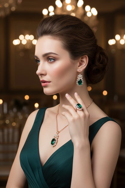 Water-drop crystal jewelry set with green teardrop pendant, drop earrings, and ring