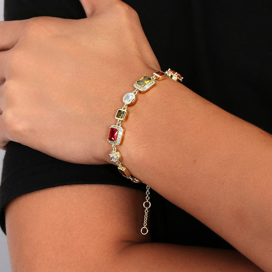 Vintage 18K Gold Plated Gemstone Hand Chain Multi Colored Jewelry Cubic Zirconia Colorful CZ Bracelet For WOMEN