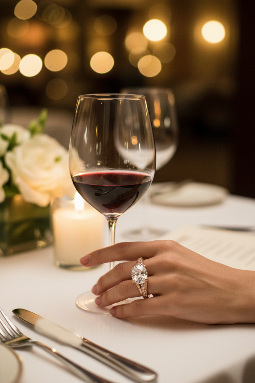 Rose-gold-tone oval zircon engagement ring with oval center stone and halo prongs
