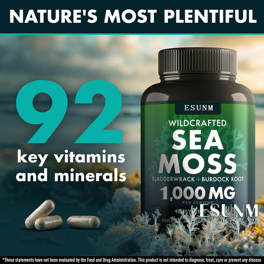 Sea moss vitamin capsules bottle with scattered capsules