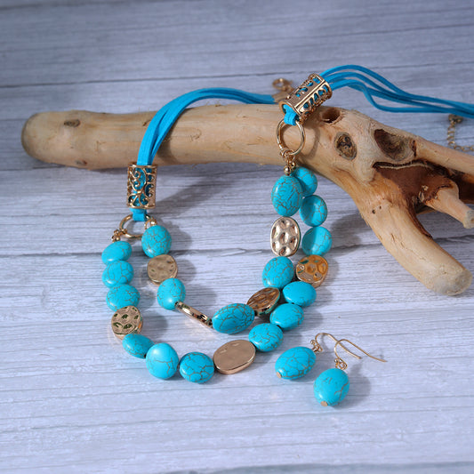 Multilayer Colorful Natural Stone Necklace Earrings Vintage Jewelry Set