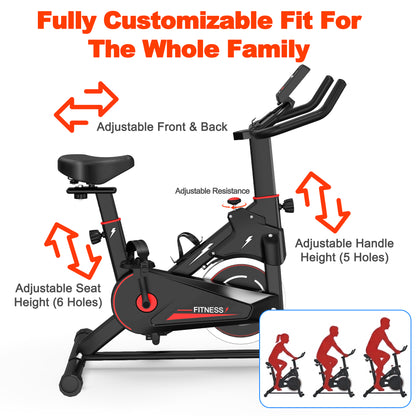 Indoor cycling bike with adjustable seat, handle height, and front-back position