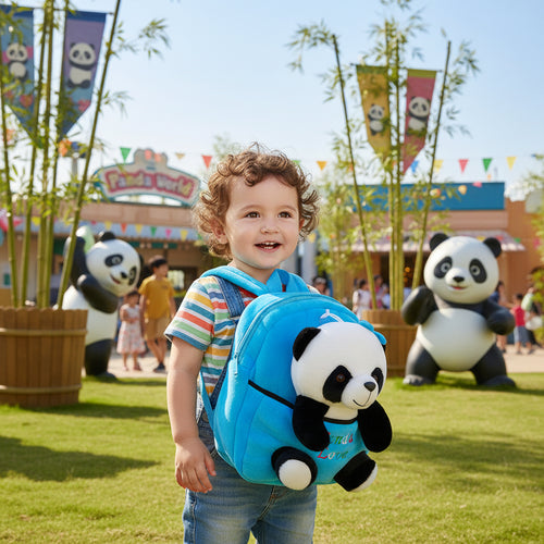 Blue cartoon panda backpack with plush panda face and side pockets