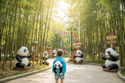 Blue cartoon panda backpack with plush panda face and top carry loop